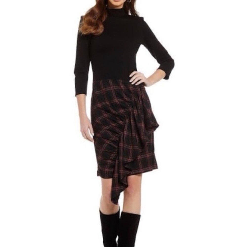 Kenneth Cole Dress 14 Black Tartan Plaid Stretch 3/4 Long Sleeve Washable NEW